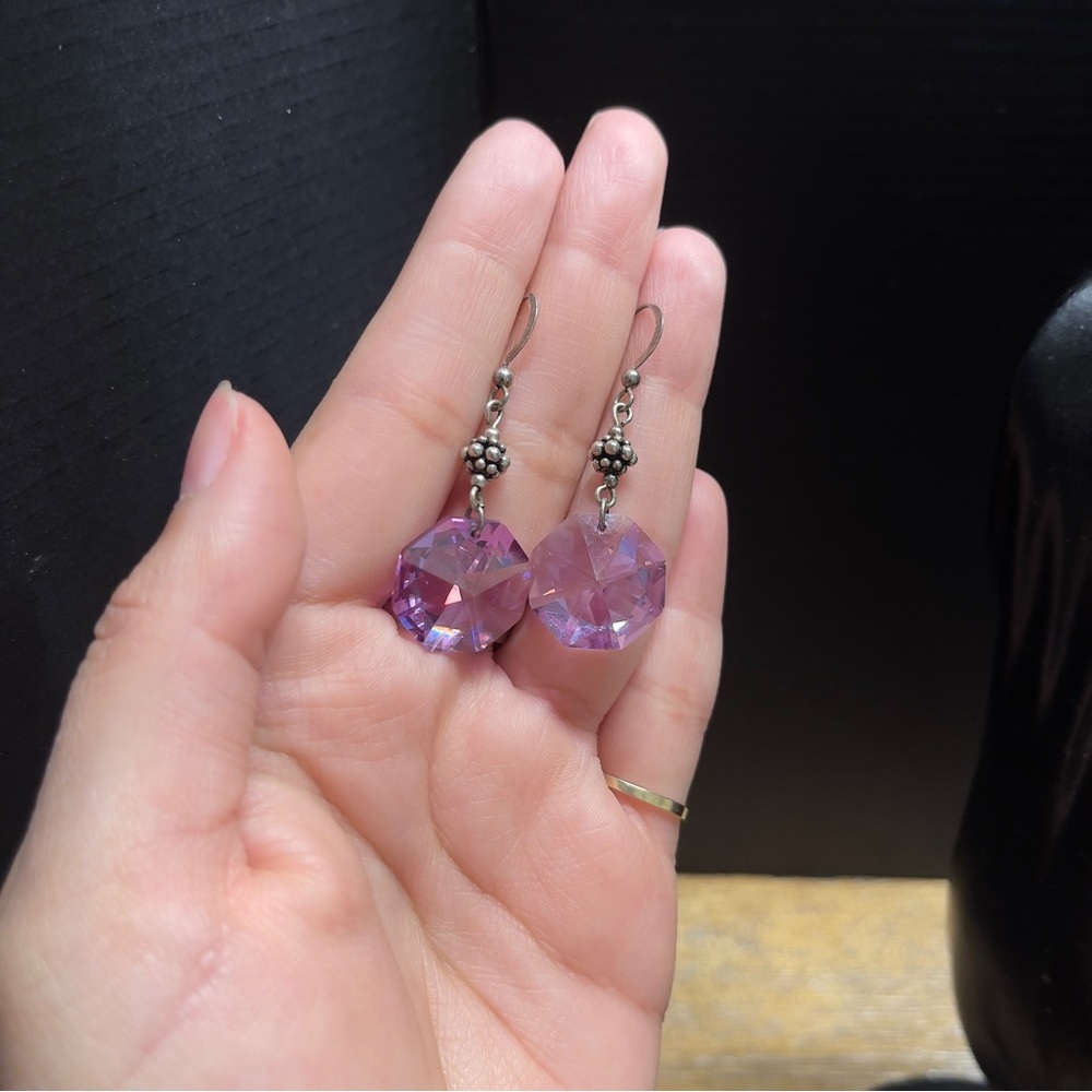 Sterling Silver Purple Statement Circle Cut Gem Hook Earrings - Picture 5 of 10